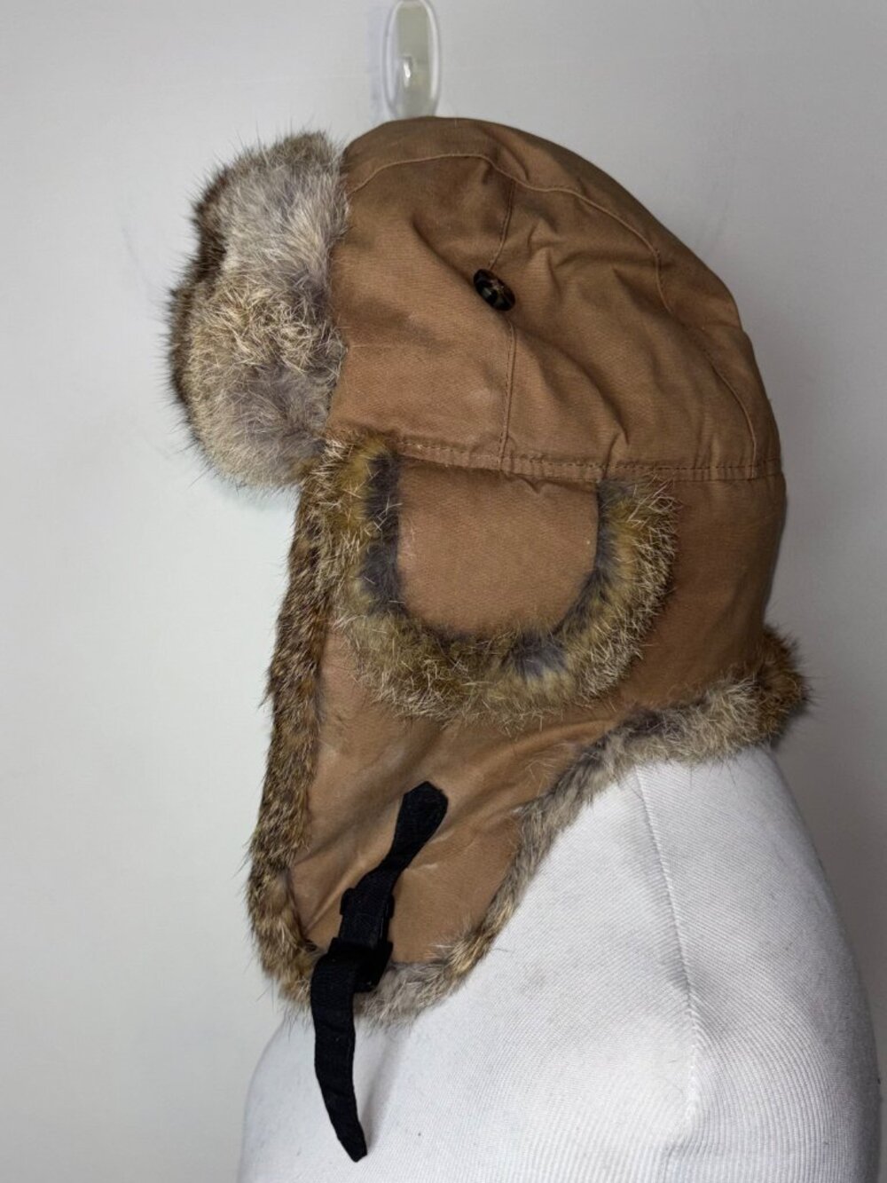 Mad Bomber Hat Trapper Waxed Cotton Mens M Khaki Tan Rabbit Fur Ear Flap Aviator